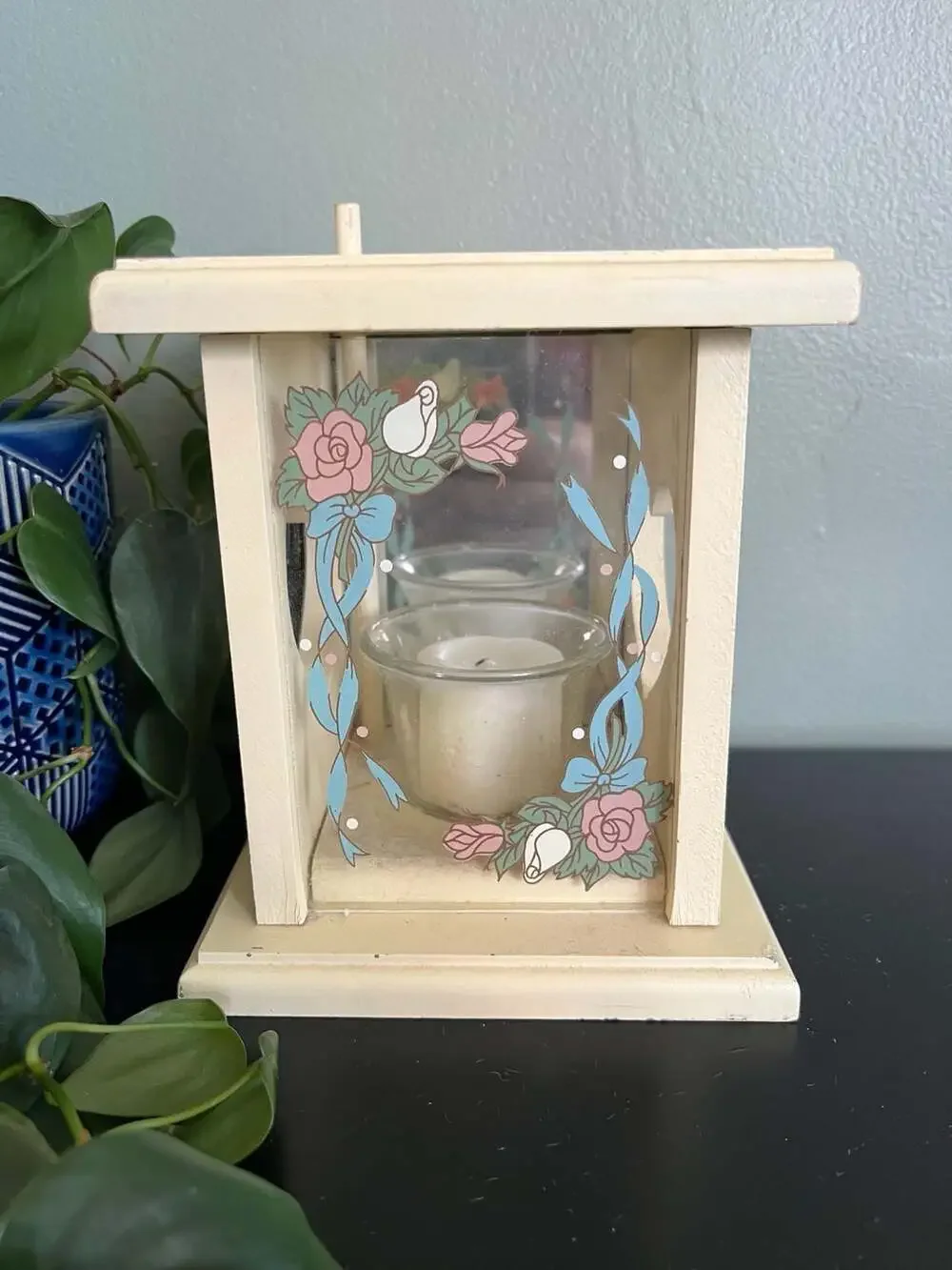 Vintage Country Core Wood Votive Candle Holder with Heart Cutouts and Floral Gla